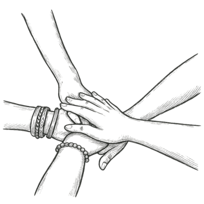 Illustration of hands joined together, symbolising community, connection, and support for Pilates teachers through MUSE Club.