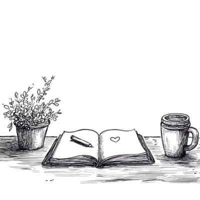 Illustration of an open book, coffee mug, and plant, representing authenticity, growth, and self-discovery for Pilates teacher training in Australia.